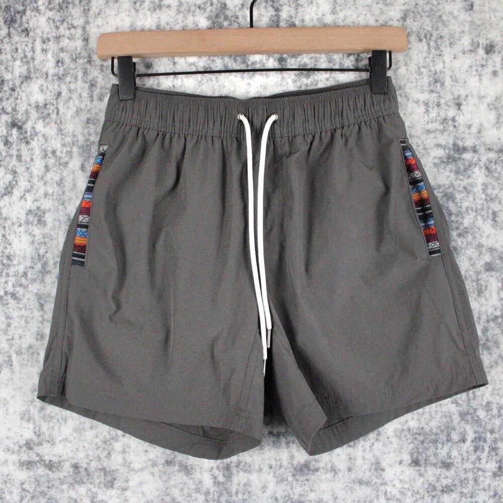 Wowie Shorts Mens S 5" Gray Drawstring Lined Nylon Spandex Aztec Trim Pockets